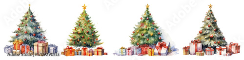 PNG Festive Christmas trees with gifts, element set on transparent background