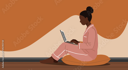 Young Black woman working remotely, balancing laptop and smartphone. Illustrates modern digital communication, online lifestyle, and flexible work solutions.
