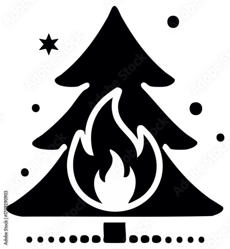 Black and white silhouette icon of a burning tree symbolizing wildfire risk and climate change