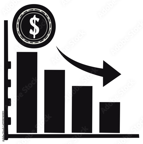 Financial downturn concept: dollar coin and downward trending bar graph.