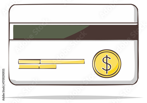 Hand-drawn Credit Card with Dollar Coin and Magnetic Stripe for Financial Transactions