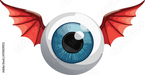 A cartoon eye with red devil wings, a graphic design element.