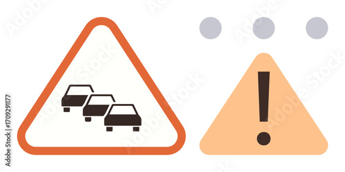 Triangular traffic signs featuring cars in a row for congestion warning and exclamation mark for caution. Ideal for traffic safety, danger alert, transportation, driving rules, notifications