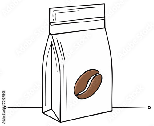 Simple line art illustration of a sealed coffee bag with a large coffee bean logo on the white packaging pouch