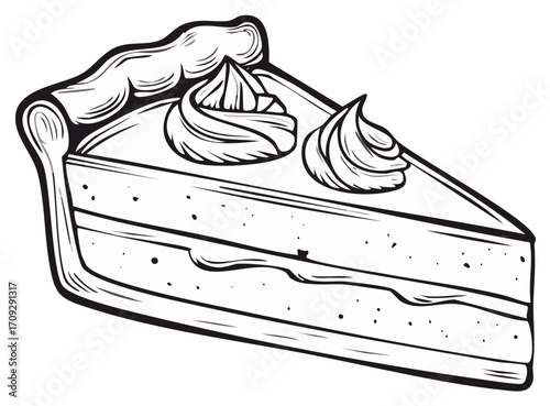 A slice of delicious pie with whipped cream illustration in black and white line art