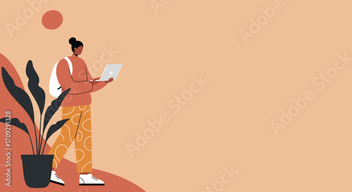 A person with a backpack and walking stick enjoys an outdoor adventure. Represents hiking, travel, exploration, and a healthy lifestyle. Ample copy space for design.