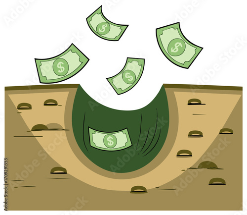 Money Falling Into Hole, Representing Financial Loss and Wasted Funds