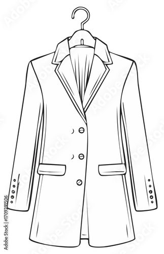 Stylish professional blazer or formal jacket hanging on a hanger, vector line art illustration outline.