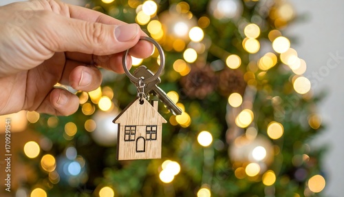 Hand holding house-shaped keychain near Christmas tree