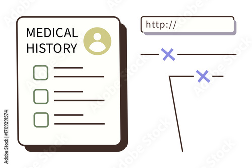 Medical history document alongside broken hyperlinks and missing lines. Ideal for healthcare, data management, IT errors, medical documentation, digital records, system failures, simple flat metaphor