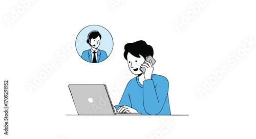 Man on phone and laptop connects with support agent for remote assistance and problem solving