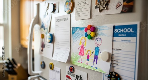 A white refrigerator door covered with a child's drawing of a family, a grocery list, school notices, and various magnets.