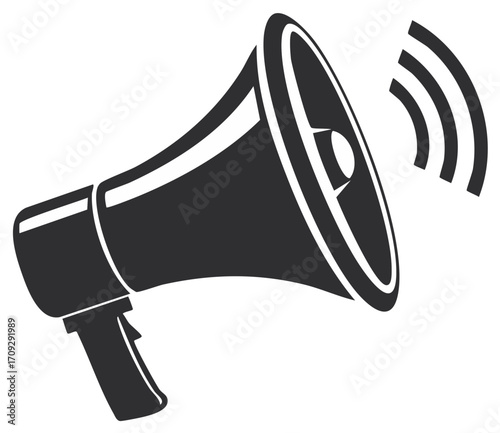 Stylized black megaphone with sound waves emanating from its horn