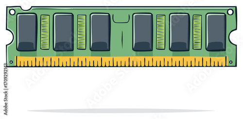 Illustration of a single RAM module with multiple chips and pins for computer hardware and memory upgrade.