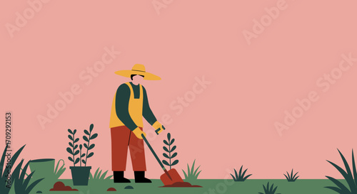 Flat design illustration of a farmer working in the garden, perfect for a landing page banner, marketing materials, or presentation.