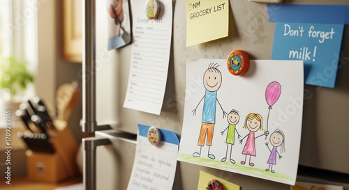 A white refrigerator door covered with a child's drawing of a family, a grocery list, school notices, and various magnets.