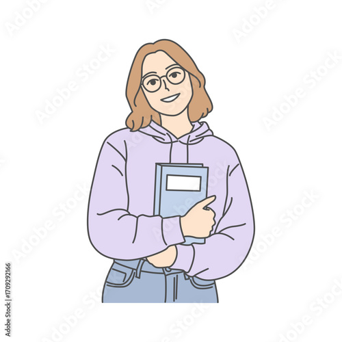 Cartoon illustration of a young woman smiling warmly while clutching a book, wearing glasses and casual clothing