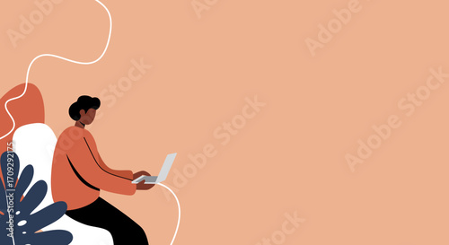 Illustrated person focused on a laptop, symbolizing remote work, online learning, and digital productivity in a modern, abstract setting. Ideal for business, education, or lifestyle themes.