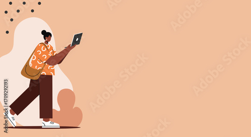 Modern person with punk hairstyle working remotely on a laptop from a cozy balcony. Represents freelance, digital nomad lifestyle, and contemporary work flexibility.