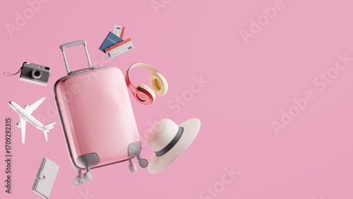 Vibrant summer travel accessories floating on pink background. Minimal summer vacation concept. 3d rendering