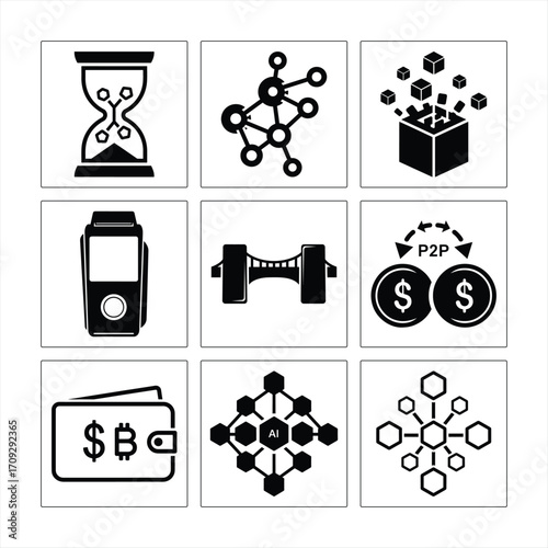 Set Of Black And White Vector Icons For Blockchain Cryptocurrency And Artificial Intelligence Technologies