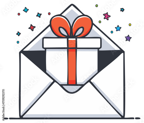 Festive surprise gift in envelope with bow for birthday celebrations