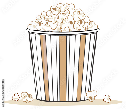 Delicious fluffy popcorn in a classic striped container illustration