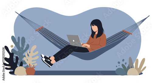 Smiling professional woman working remotely on laptop, brainstorming ideas with a pen, embodying productivity and modern business success.