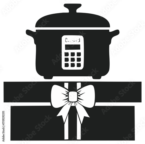 Black and white illustration of a modern slow cooker appliance presented as a thoughtful gift