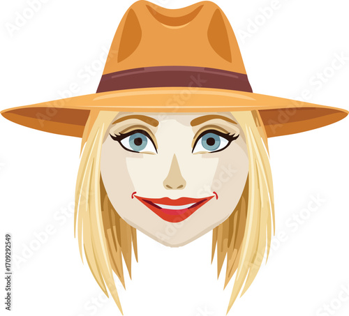 A smiling woman with blonde hair, wearing a stylish orange fedora hat.