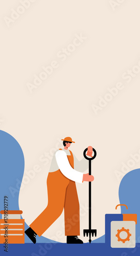 A person in orange overalls and a hat holds a rake, symbolizing gardening, farming, or manual labor. Ideal for agriculture, sustainability, or hobby concepts.