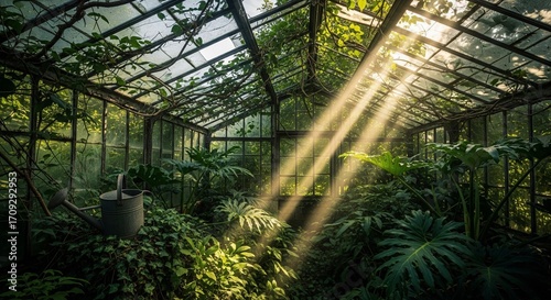 A lush  sunlit greenhouse with a variety of green plants  including large monstera leaves  and a rustic watering can