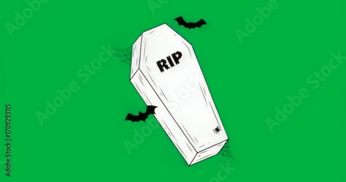 On animation start, white wooden coffin rotating clockwise, pulsating blue aura to evoke eerie mood