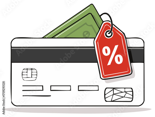 Credit card with cash and discount tag illustration. Payments, finance, shopping savings, offers promotion concept