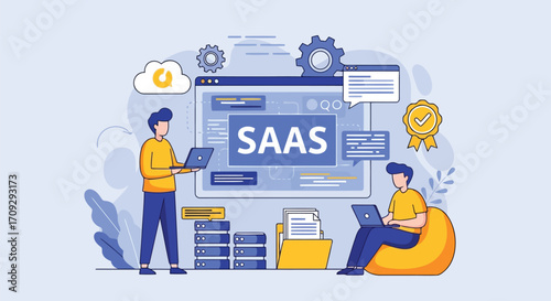 Vector illustration of software as a service concept with people using laptops, server, database, cloud and other elements