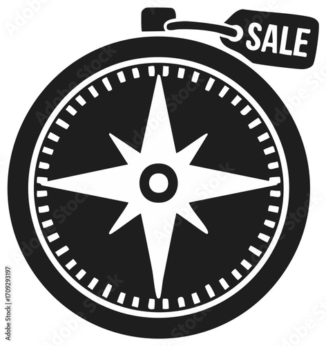 Compass with Sale Tag Icon Black and White Commercial Discount