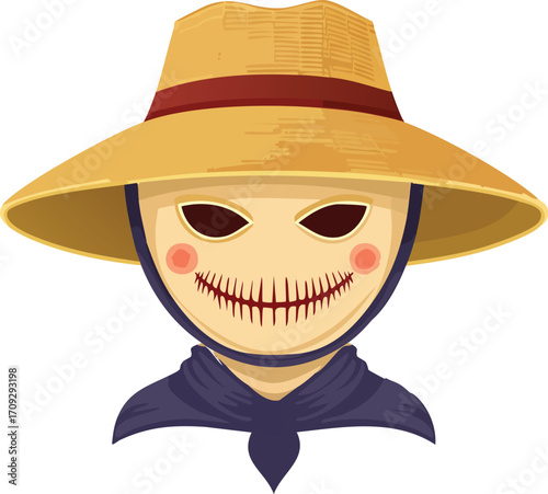 A stylized illustration of a masked scarecrow figure, wearing a straw hat.