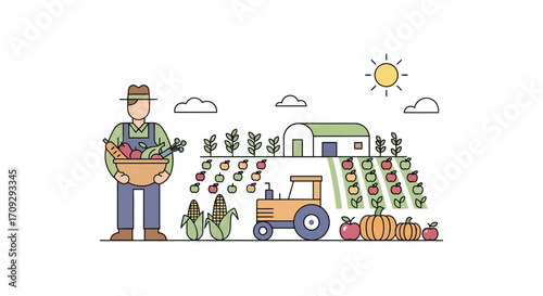 Farmer holding a bowl of fresh vegetables in the field.