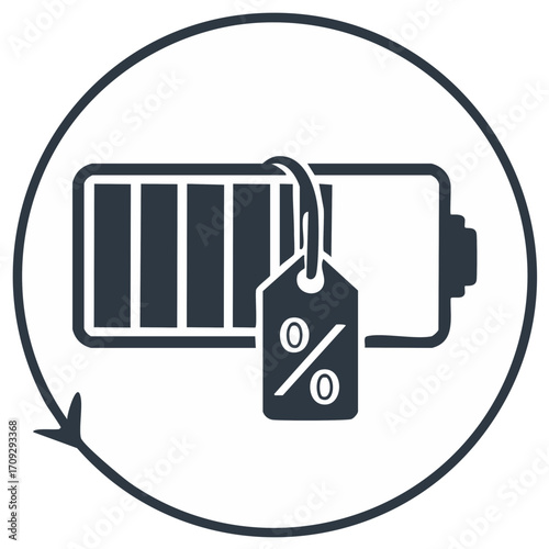 Battery Icon with Percentage Tag in Circle, Symbolizing Discount or Charge