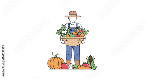 Farmer holding basket of fresh vegetables and pumpkin.