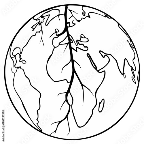 Earth and Roots Vector Illustration: Black Outline of World Map with Tree Branch Design
