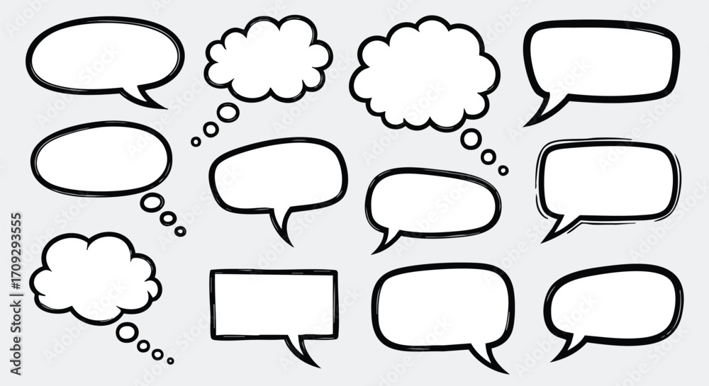 Fototapeta premium Dynamic hand drawn speech bubbles and thought balloons for creative designs and communication projects