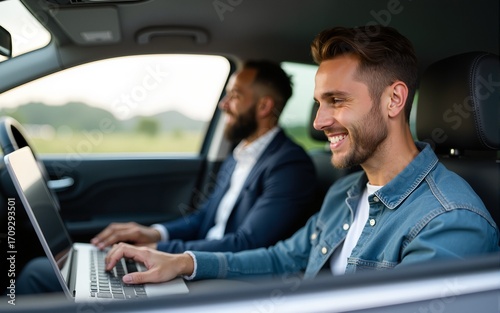 Young busy executive is working on his laptop in a car at backseat and smiling. High quality