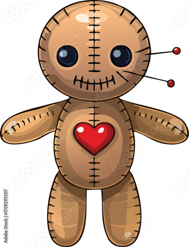 Adorable voodoo doll with a stitched heart, pins, and large eyes.