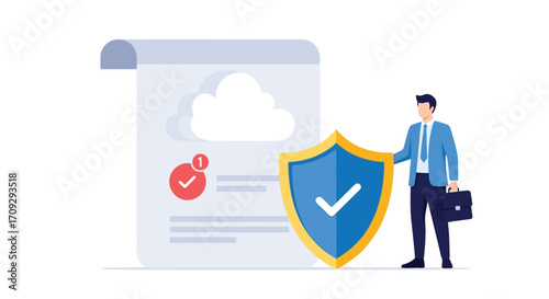 Vector illustration of cloud security icon man with shield and cloud icon on document data protection and privacy concept