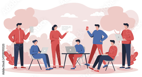 Modern team collaborating and working remotely with laptops and mobile devices in a relaxed outdoor environment, embodying flexible work and communication.