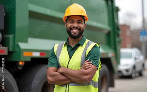 Portrait of interracial sanitation worker standing with arms crossed near garbage truck. High quality