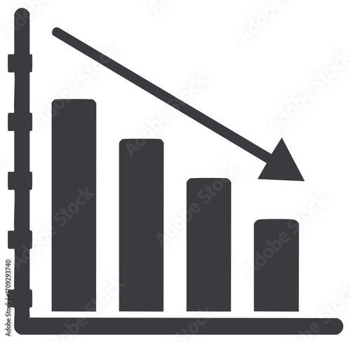 Dark gray downward trending bar chart graphic with arrow pointing down indicating decrease