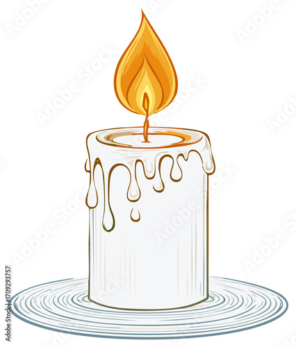 Stylized illustration of a single burning white candle with a bright flame and melting wax