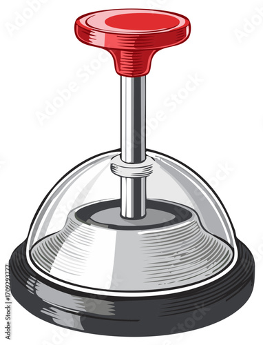 Retro glass dome bell with red handle and metallic base